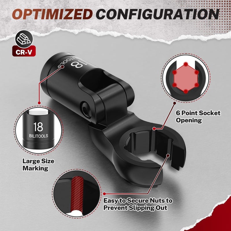 BILITOOLS 6PCS Flex Head Crows Foot Line Wrench Set, 3/8" & 1/2" Drive Injector Fuel Line Sockets Wrench Set, Crowfoot Flare Nut Socket Wrench Metric 12 14 16 17 18 19 mm with Storage Box - Image 5